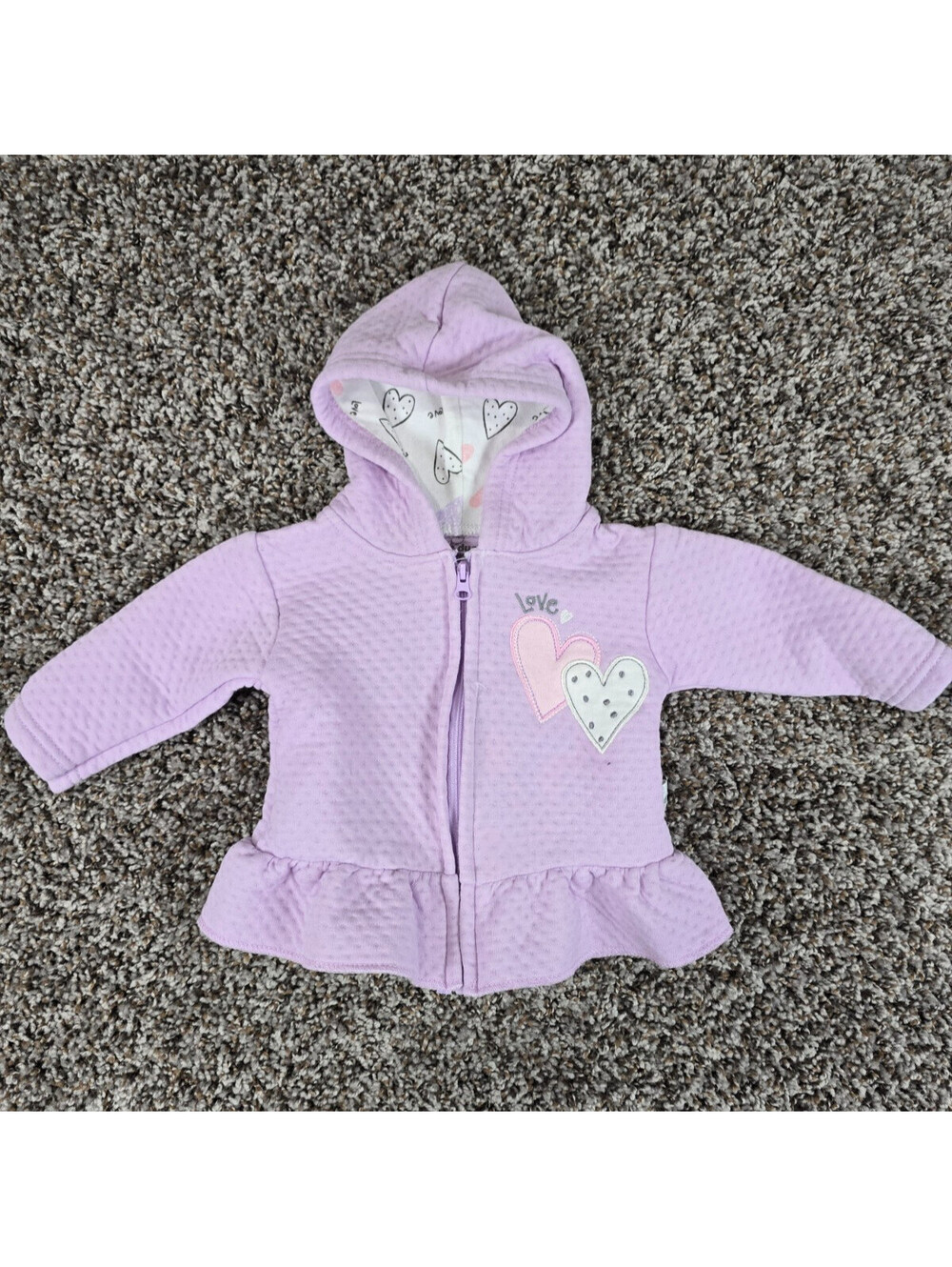 Duck Duck Goose Baby Girls Sz 0-3M Zip Up Hooded Jacket Light Purple Hearts